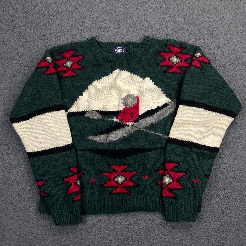 Vintage Woolrich Sweater Men XL Green Hand Knit Canoe Bear Wool Aztec Pullover